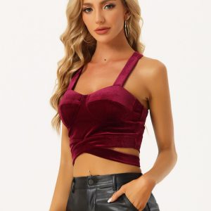 Crop Tank Tops Strappy Deep V Sleeveless Velvet Tube Top Burgundy/L - Allegra K catalog