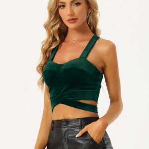Crop Tank Tops Strappy Deep V Sleeveless Velvet Tube Top Dark Green/XS - Allegra K catalog
