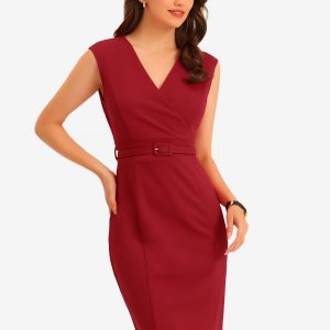 Solid Color V Neck Sleeveless Belted Business Office Midi Sheath Dress Red/XS - Allegra K catalog