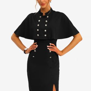Elegant Business Double Breasted Two Pieces Cape Dress Sets Black/XS - Allegra K catalog