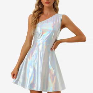 Metallic Sleeveless One Shoulder Party Disco Holographic Dress Silver/XS - Allegra K catalog