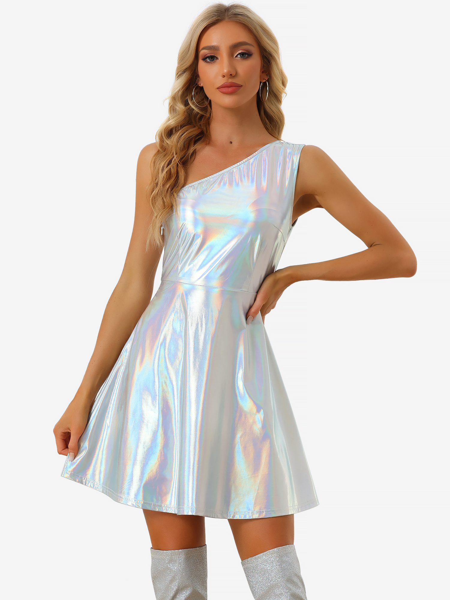 Metallic Sleeveless One Shoulder Party Disco Holographic Dress Silver/XS - Allegra K catalog