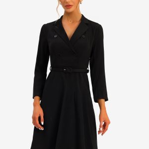 Work Elegant Notched Collar Belted Pleated Button Blazer Dress Black/XS - Allegra K catalog