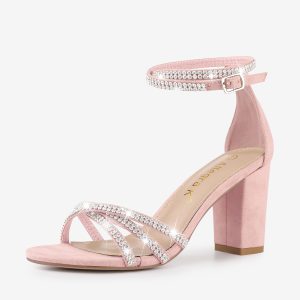 Rhinestones Strappy Chunky Heel Sandals Pink/6 - Allegra K catalog