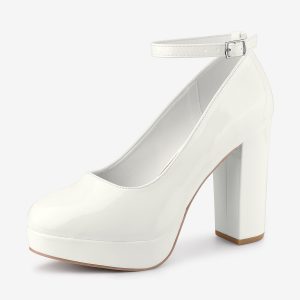 Platform Ankle Strap Chunky Heel Mary Janes Pumps White/9 - Allegra K catalog