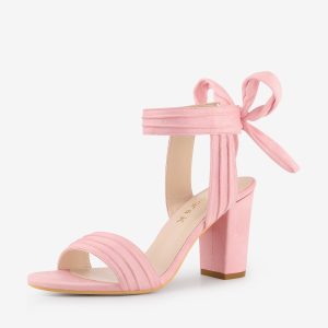 Faux Suede Open Toe Ankle Tie Back Chunky Heel Sandals Bling Pink/7 - Allegra K catalog