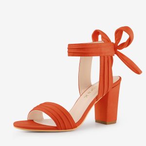 Open Toe Ankle Tie Back Faux Suede Chunky Heel Sandals Orange/9.5 - Allegra K catalog