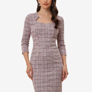 Elegant Square Neck 3/4 Sleeve Plaid Tweed Sheath Dress Pink/XS - Allegra K catalog