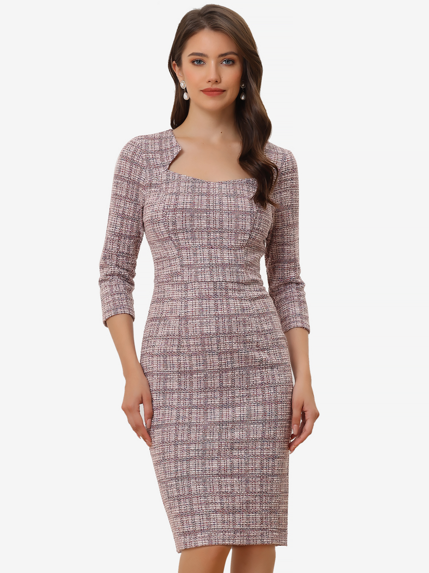 Elegant Square Neck 3/4 Sleeve Plaid Tweed Sheath Dress Pink/XS - Allegra K catalog