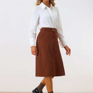 High Waist Elastic Back A-Line Belted Corduroy Pockets Midi Skirt Brown/XL - Allegra K catalog