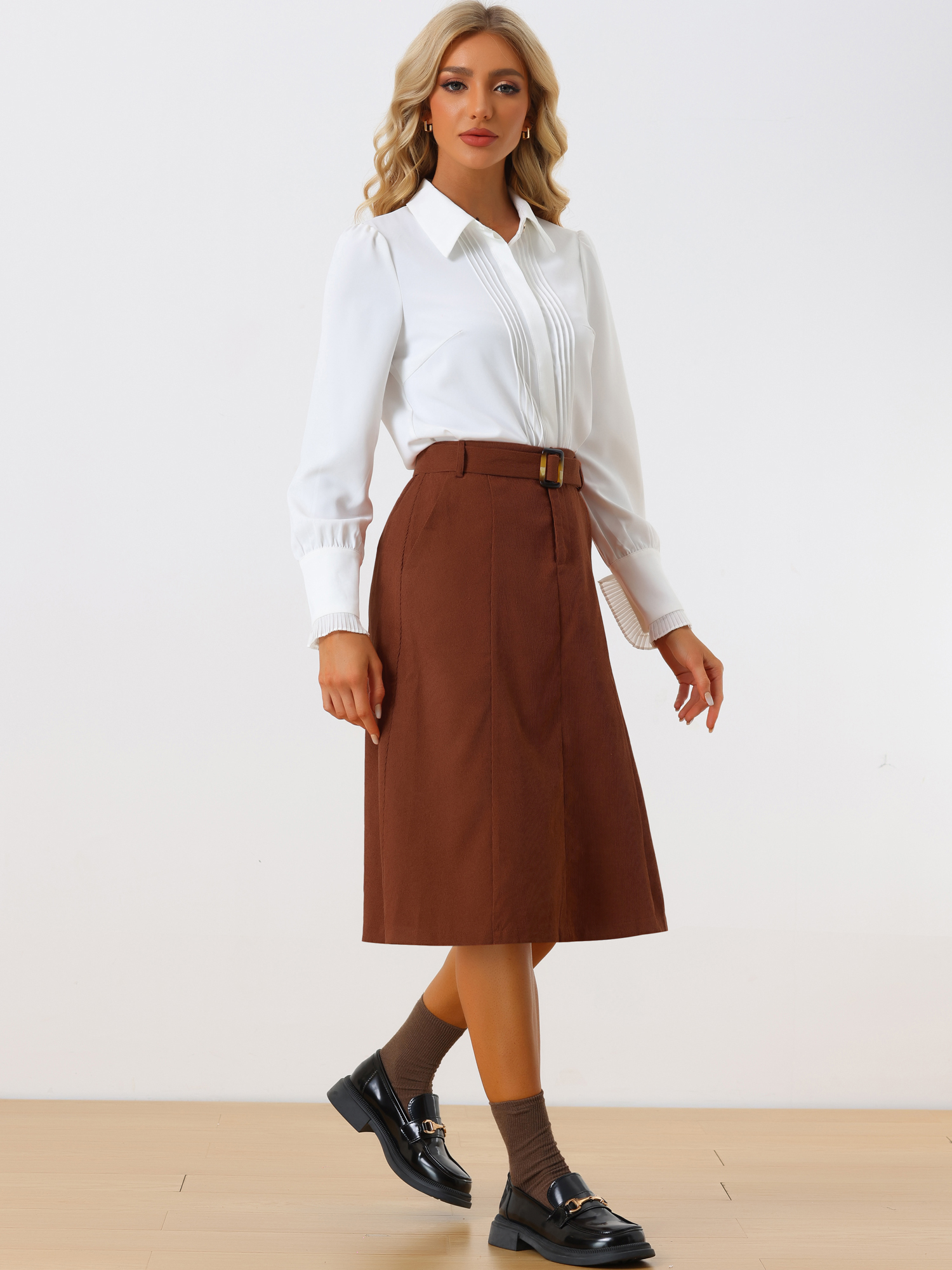 High Waist Elastic Back A-Line Belted Corduroy Pockets Midi Skirt Brown/XL - Allegra K catalog