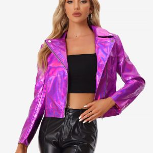 Metallic Biker Holographic Shiny Zipper Notched Jackets Hot Pink/L - Allegra K catalog