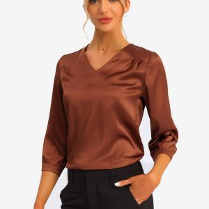 Casual Office Blouse 3/4 Sleeve V Neck Satin Shirt Brown/L - Allegra K catalog