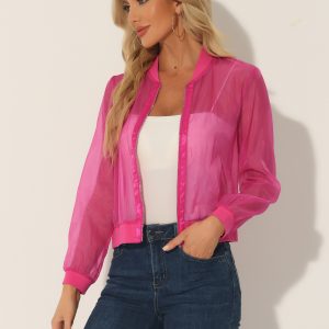Zip Up See Through Lightweight Long Sleeve Mesh Bomber Jacket Hot Pink/M - Allegra K catalog