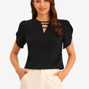 Cutout Round Neck Cap Sleeve Casual Top Black/M - Allegra K catalog