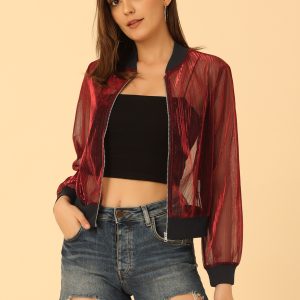 Sheer Mesh Shiny Long Sleeve See Through Zip Up Jacket Red/M - Allegra K catalog