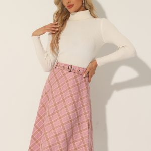 Christmas Tartan Plaid High Waist Belted Vintage A-Line Midi Skirt Light Pink/M - Allegra K catalog