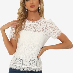 Lace Floral Scalloped Trim Short Sleeve Semi Sheer Blouse Cream White/M - Allegra K catalog