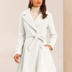 Elegant Overcoat Shawl Collar Single Winter Belted Long Coat White/L - Allegra K catalog