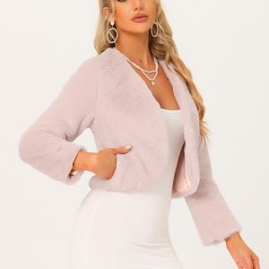 Faux Fur Long Sleeve Open Front Bolero Winter Coat Cropped Jacket Pink/S - Allegra K catalog