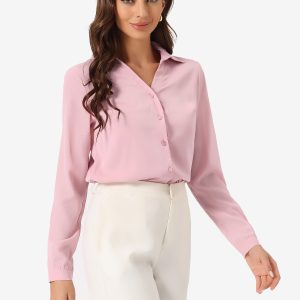 V Neck Point Collar Mesh Sleeve Button Down Work Office Shirt Pink/XL - Allegra K catalog