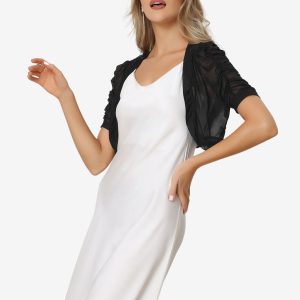 Short Sleeve Open Front Cropped Mesh Sheer Bolero Shrug Black/L - Allegra K catalog