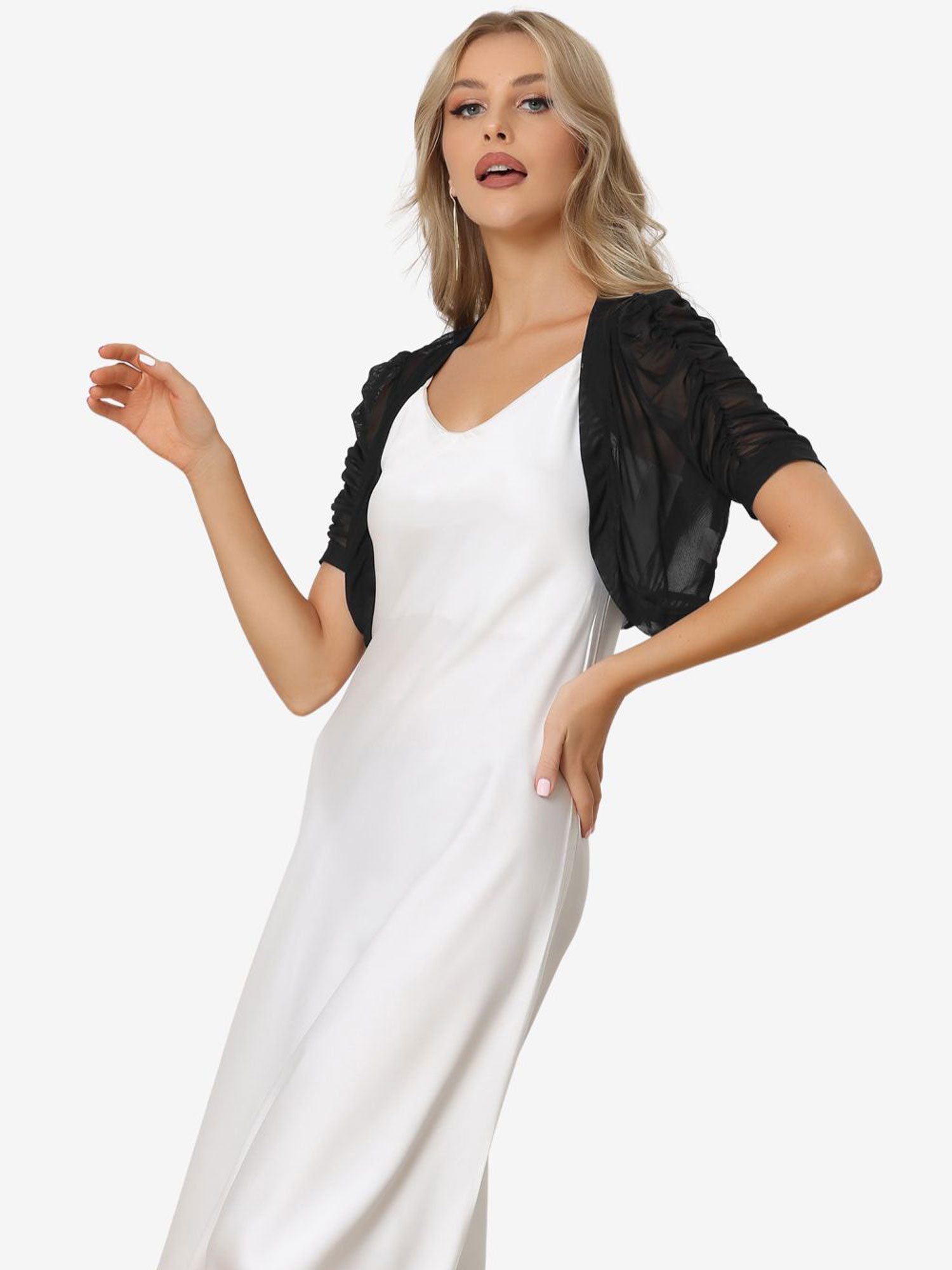 Short Sleeve Open Front Cropped Mesh Sheer Bolero Shrug Black/L - Allegra K catalog