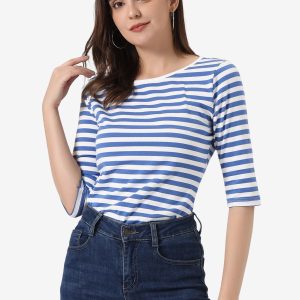 3/4 Sleeve Round Neck Casual Striped T-Shirt Blue White/L - Allegra K catalog