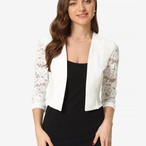 Lace Panel Open Front Long Sleeve Work Office Crop Bolero Shrug White/M - Allegra K catalog