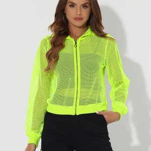 Zip Up Long Sleeve Mesh Sheer Hoodie Bomber Jackets Neon Yellow/L - Allegra K catalog