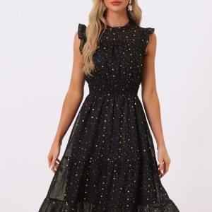 Chiffon Sleeveless Smocked Waist Gilding Metallic Stars Party Dress Black/XS - Allegra K catalog