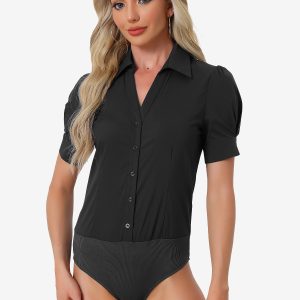 Button Down Leotard Shirt Short Sleeve Collared Business Work Bodysuit Black/S - Allegra K catalog