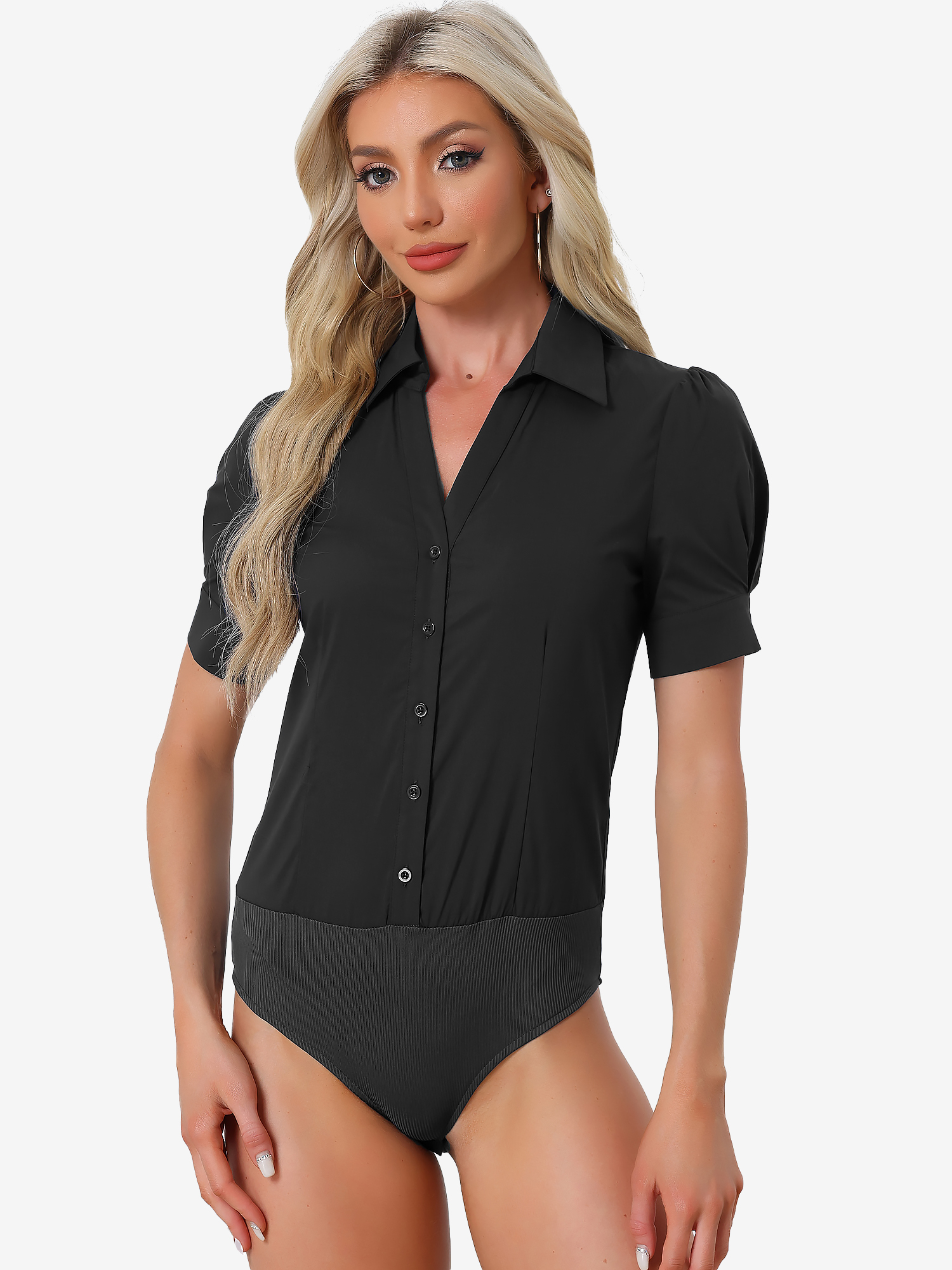 Button Down Leotard Shirt Short Sleeve Collared Business Work Bodysuit Black/S - Allegra K catalog