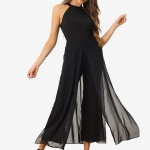 Sleeveless Halter Neck Belted Elegant Wedding Cocktail Dressy Jumpsuits Black/XL - Allegra K catalog