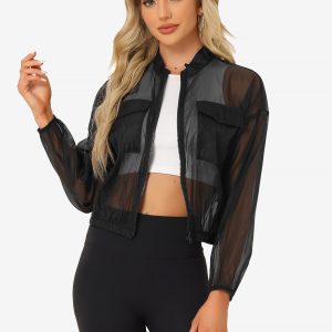 Sheer Zip Up Long Sleeve See Through Bomber Jacket Black/XS - Allegra K catalog