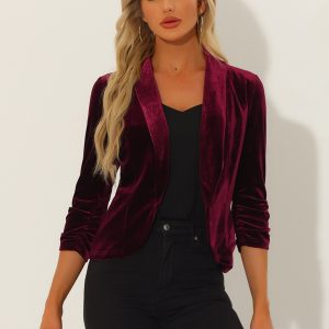 Lapel Collar Velvet Solid Office Work Open Front Blazer Burgundy/M - Allegra K catalog