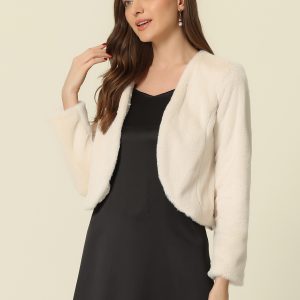 Faux Fur Long Sleeve Open Front Bolero Winter Coat Cropped Jacket Beige/XS - Allegra K catalog