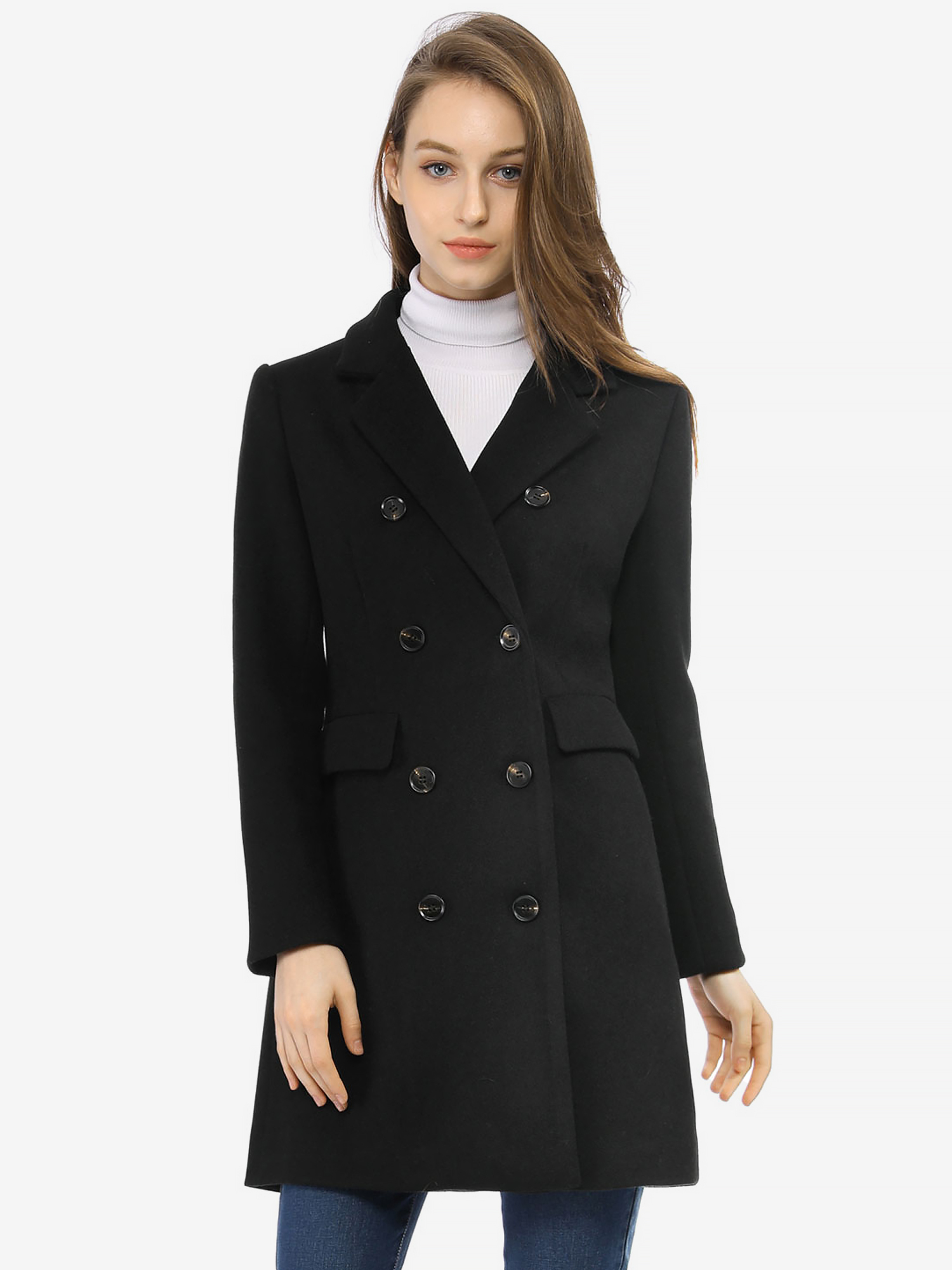 Winter Long Sleeve Notched Lapel Double Breasted Trench Coat Black/3XL - Allegra K catalog