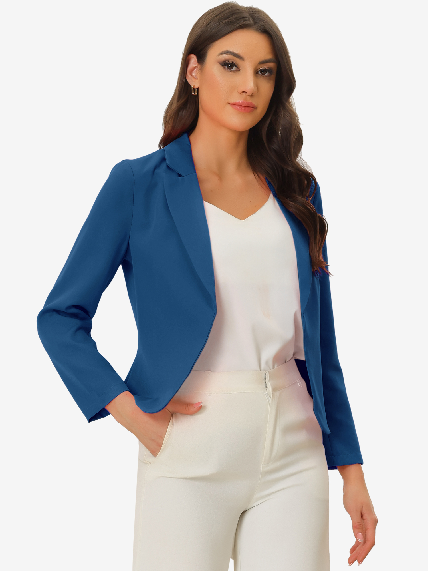 Notched Lapel Long Sleeves Solid Color Open Front Cropped Blazer Lake Blue/XS - Allegra K catalog