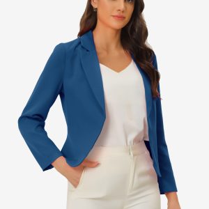 Notched Lapel Long Sleeves Solid Color Open Front Cropped Blazer Lake Blue/XL - Allegra K catalog
