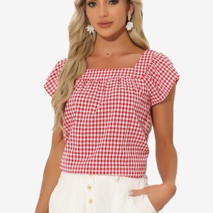 Square Neck Short Sleeves Gingham Plaid Blouse Red/L - Allegra K catalog