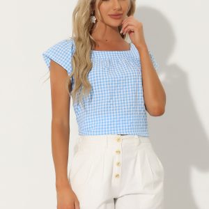 Square Neck Short Sleeves Gingham Plaid Blouse Blue/XL - Allegra K catalog