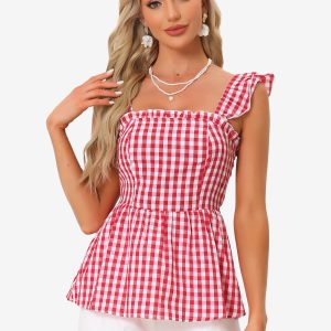 Gingham Peplum Top Summer Square Neck Sleeveless Plaid Blouse Red/M - Allegra K catalog