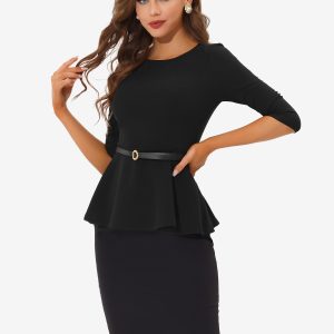 3/4 Sleeve Belted Peplum Elegant Business Work Blouse Black/2XL - Allegra K catalog