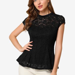 Crochet Peplum Floral Mock Neck Cap Sleeve Lace Blouse Black/2XL - Allegra K catalog