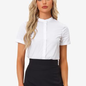 Button Down Stand Collar Short Sleeve Office Work Shirt Bodysuits White/L - Allegra K catalog