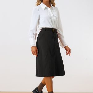 High Waist Elastic Back A-Line Belted Corduroy Pockets Midi Skirt Black/XL - Allegra K catalog