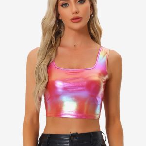 Sleeveless U Neck Party Holographic Shiny Metallic Crop Top Holographic Red/S - Allegra K catalog