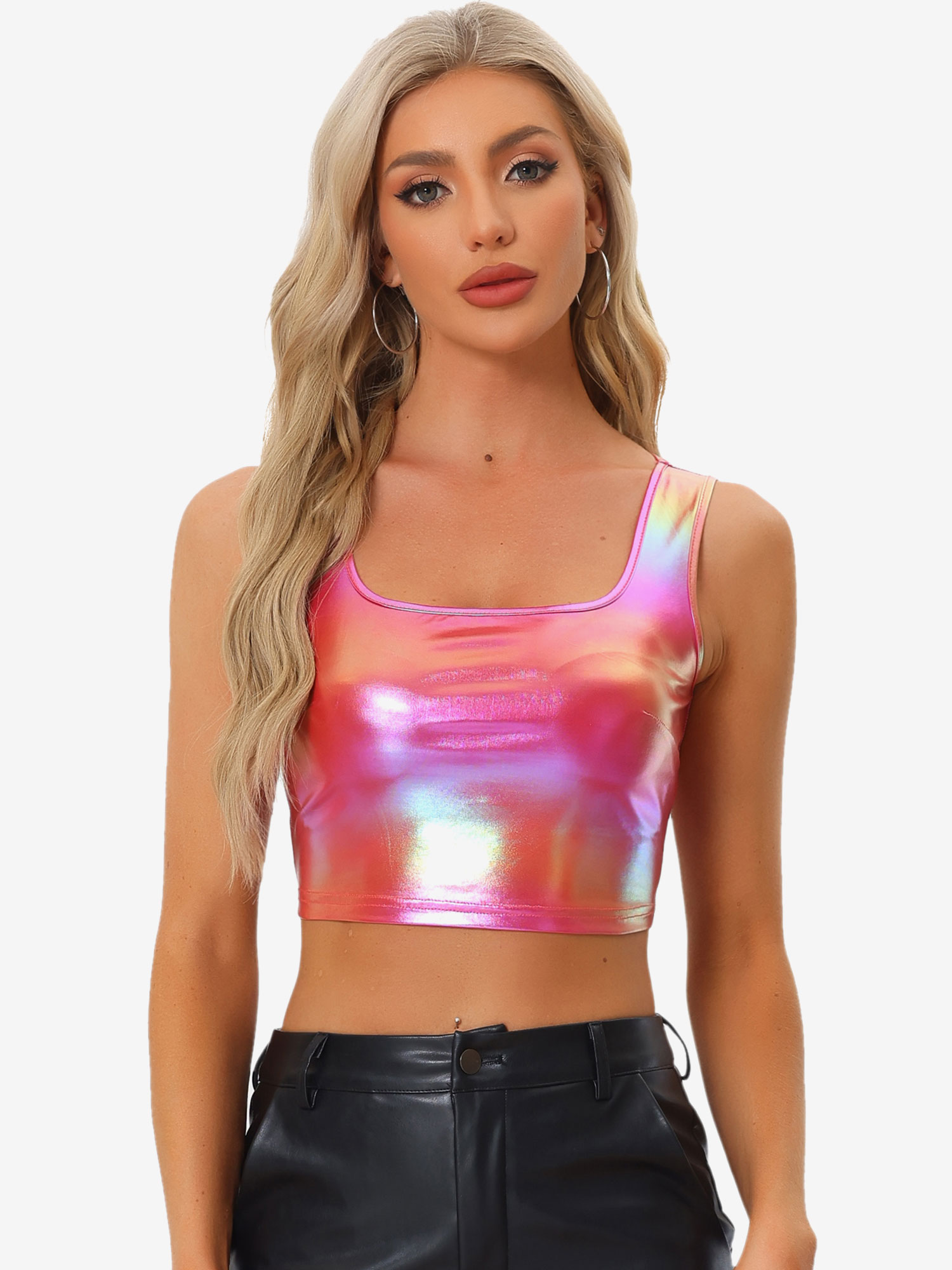Sleeveless U Neck Party Holographic Shiny Metallic Crop Top Holographic Red/S - Allegra K catalog