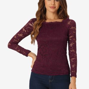Off Shoulder Floral Lace Top Sheer Long Sleeves Casual Blouse Burgundy/S - Allegra K catalog